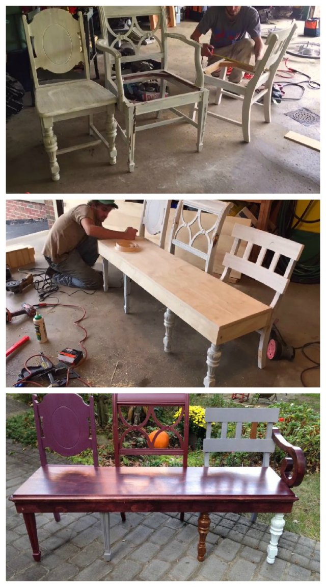 A do-it-yourself bench made from three old chairs