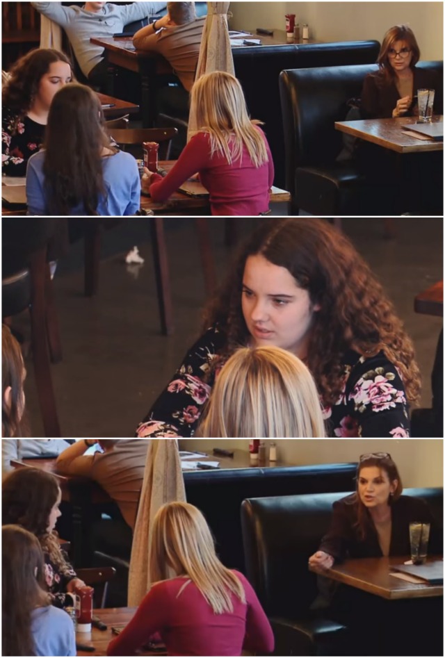 A woman hears these girls laughing at their friend. Her reaction is recorded by the cameras