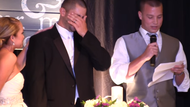 The bride's brother makes the bridegroom cry with laughter at the wedding